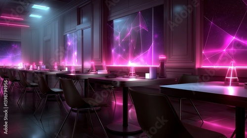 Vibrant neon-lit dining experience in a futuristic restaurant with modern design and a cosmic atmosphere Generative AI