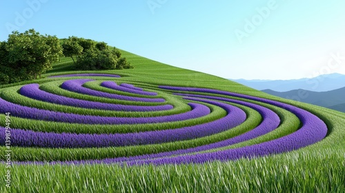 Obraz na płótnie Lavender field spiral patterns scenic hillside nature photography serene landscape aerial view tranquil beauty w salonie
