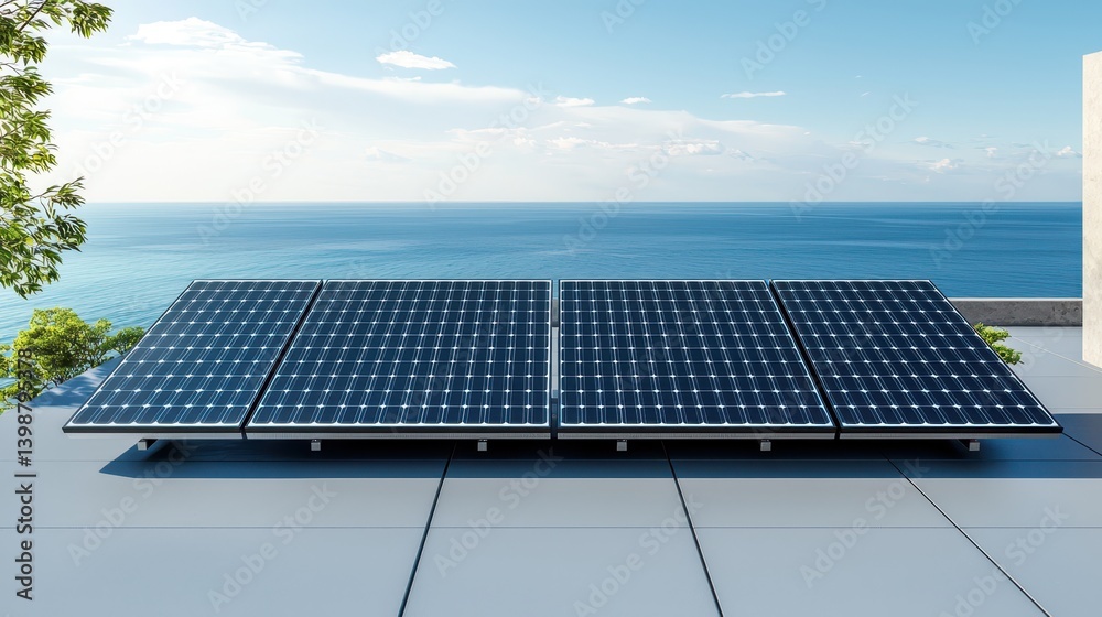 Solar panel installation on rooftop overlooking ocean renewable energy modern bright sustainable living