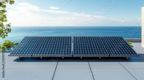 Obraz na płótnie Solar panel installation on rooftop overlooking ocean renewable energy modern bright sustainable living w salonie