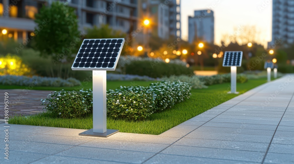 Solar panels illuminating urban park pathways city landscape photography evening ambiance nature and technology harmony