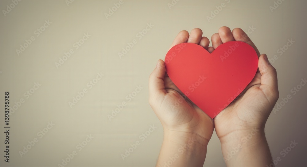 Hands gently holding red heart on soft beige background, minimalist concept of kindness, empathy, love and emotional support Hands gently holding red heart on soft beige background, minimalist concept of kindness, empathy, love and emotional support
