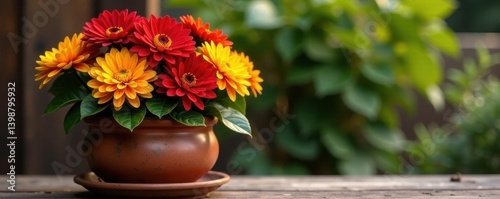 Rustic terracotta pot overflowing with crimson, gold, and orange chrysanthemums , bright, decoration, color