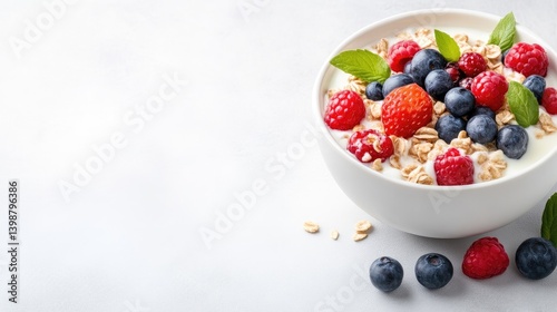 Yogurt parfait bowl with berries and granola.  A healthy and delicious breakfast or snack.  