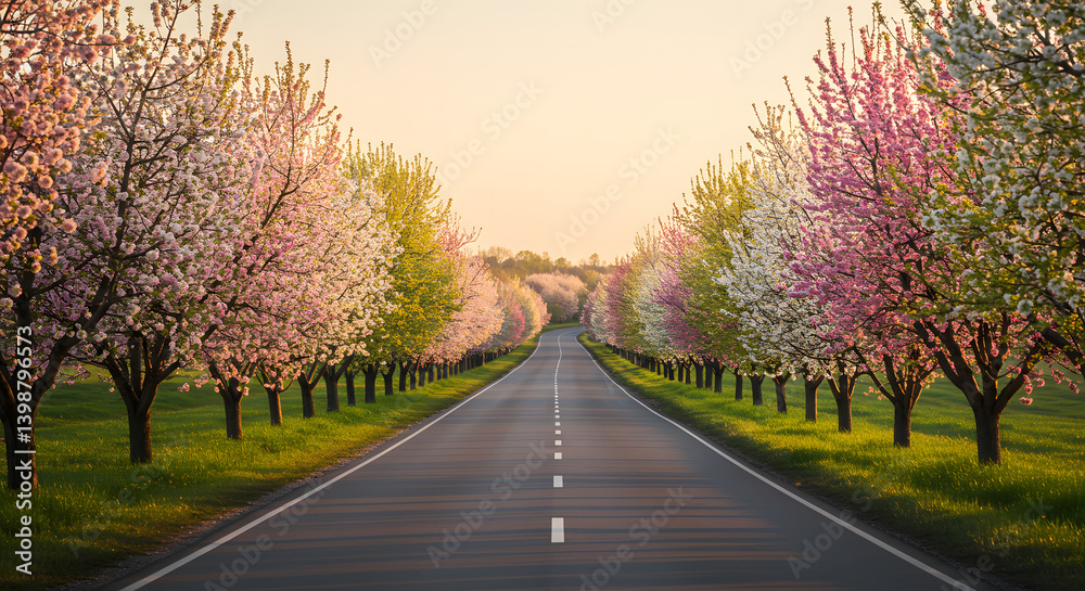 Beautiful cherry blossom trees in full bloom along a scenic path at sunset. A peaceful springtime landscape perfect for travel, romance, and nature-themed Beautiful cherry blossom trees in full bloom along a scenic path at sunset. A peaceful springtime landscape perfect for travel, romance, and nature-themed