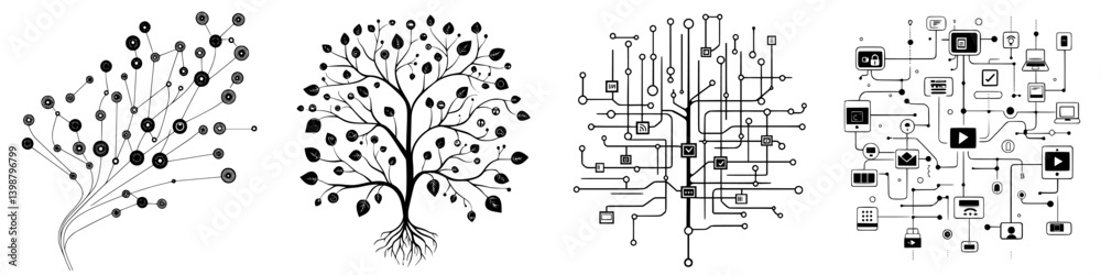 Illustration of interconnected networks in a tree format representing technology and communication Illustration of interconnected networks in a tree format representing technology and communication
