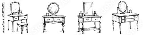 Collection of vintage dressing tables showcasing diverse designs in an artistic illustration style