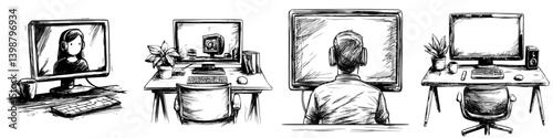 Diverse individuals engaged in various computer activities at home offices during the day