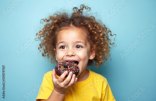 Cute curly girl bites delicious chocolate donut with appetite on blue background. The child eats donut, expressing emotions. Happy girl enjoys tasty snack. Portrait of a happy child. photo