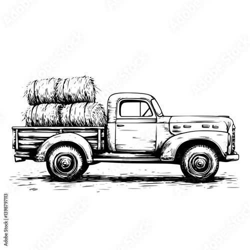 Old truck carrying hay bales on a rural road during a sunny afternoon