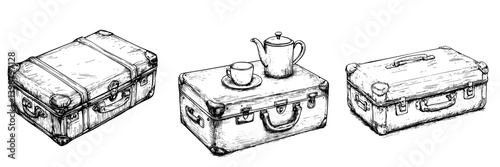 Vintage suitcases with teapot and cup placed on top at a rustic setting during a calm afternoon gathering