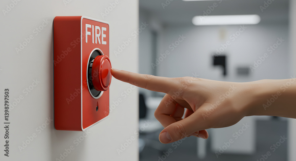 Naklejka premium Hand pressing fire alarm button in modern office environment 