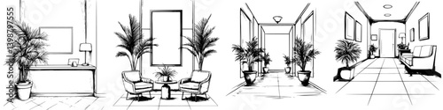 Modern hallway design featuring lush plants and comfortable seating in a welcoming atmosphere