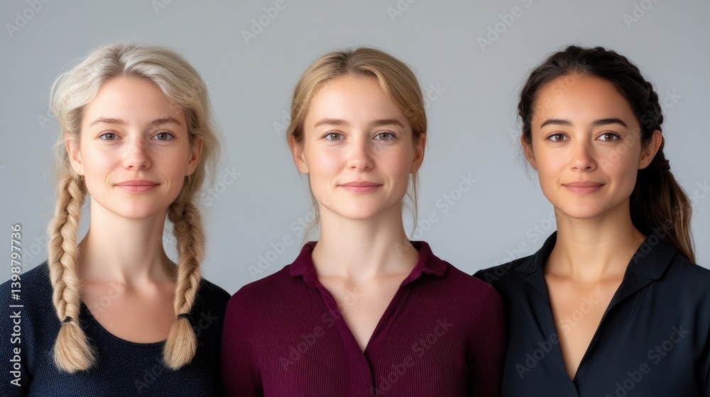 Diverse women, confident and approachable, standing together in a studio portrait Diverse women, confident and approachable, standing together in a studio portrait
