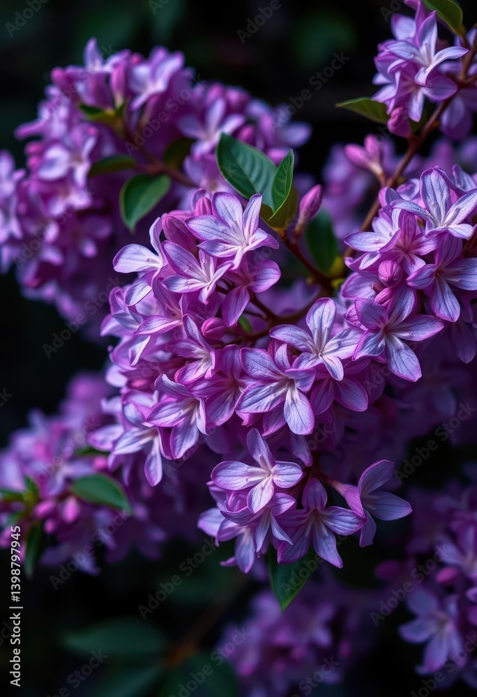 Dark background, vibrant lilac Syringa blossoms in full bloom, bloom, detail Dark background, vibrant lilac Syringa blossoms in full bloom, bloom, detail