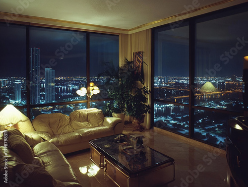 A high definition image of 1980’s interior decor in a Miami high rise apartment at night with floor to ceiling windows show Miami far below lit up
