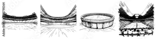 Sketches of different sports stadiums showcasing unique architecture and design elements at various locations and events
