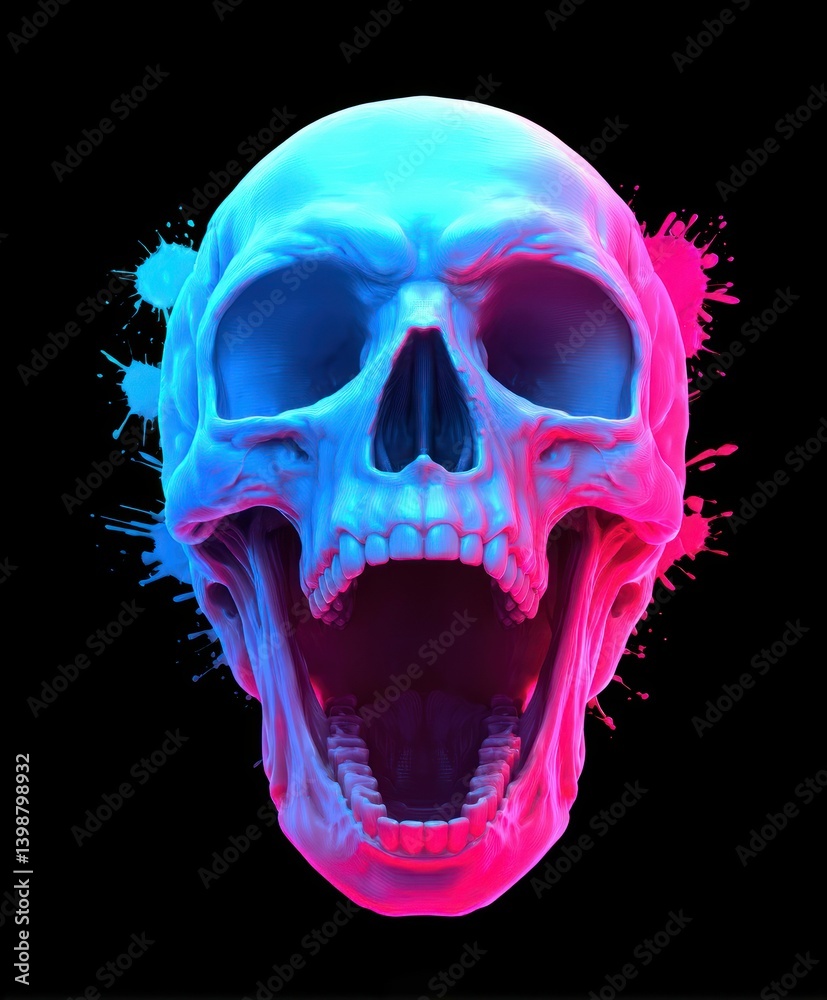 A vivid 3D rendering of a skull with open mouth and neon paint splatters on black. A vivid 3D rendering of a skull with open mouth and neon paint splatters on black.