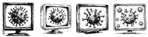 Artistic depiction of virus on computer screens illustrating the impact of technology during a pandemic