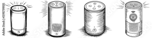 Various designs of smart speakers showing different styles and features in black and white illustrations
