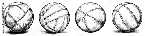 Detailed sketches of four volleyballs showing different angles and textures in a minimalist style