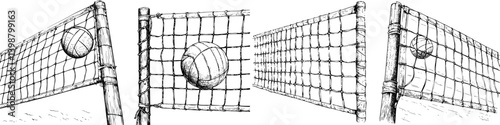 Volleyball in action at the net during a friendly match on a sunny day at the beach