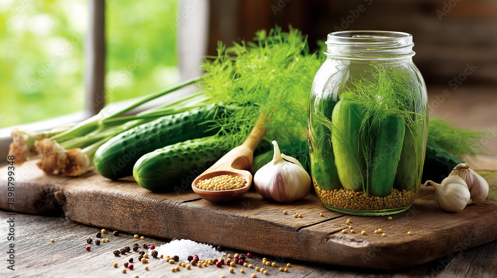 Homemade Pickling Ingredients on Rustic Wooden Table