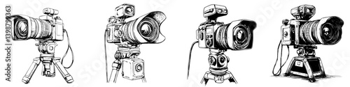 Collection of detailed sketches illustrating various camera types on tripods in an artistic style