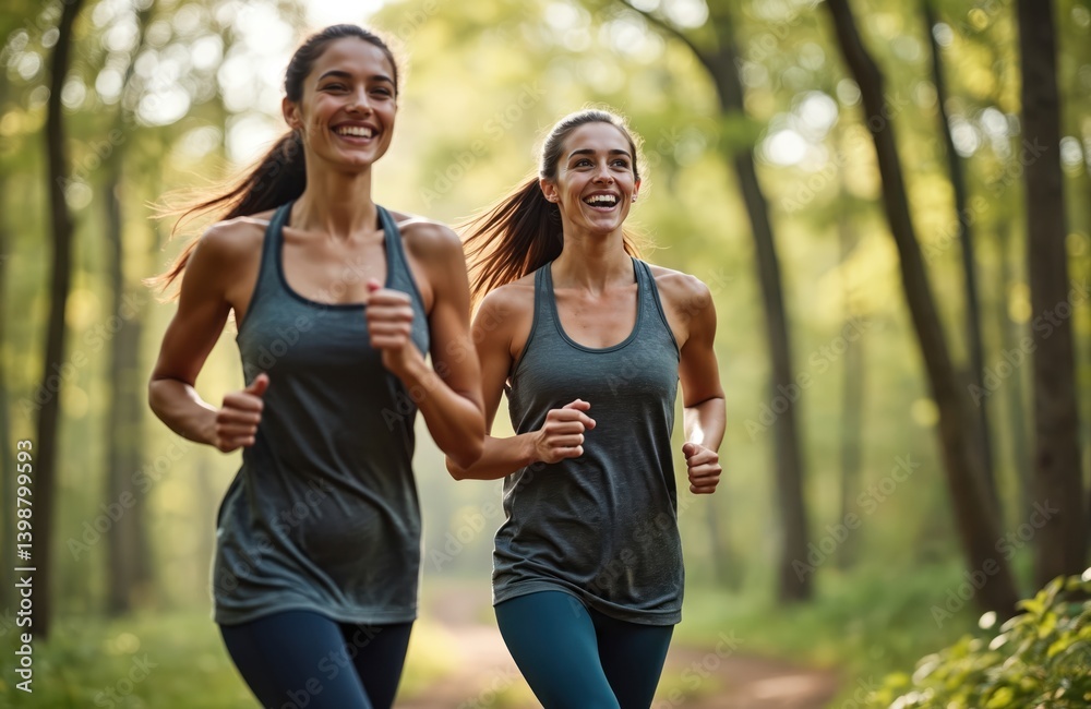 Two young women running in forest during morning. Friends doing cardio workout for health. Female athletes run together for race. Health training outdoor. Lifestyle, sport and friendship.