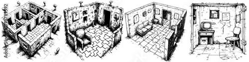 Intricate illustrations of abandoned rooms depicting a mysterious environment with various objects