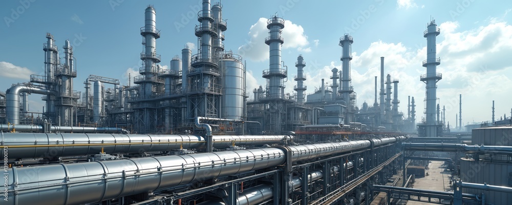 Industrial plant with complex pipelines, pipe racks. Production refinery chemical plant for oil, gas, petrochemicals, hydrogen. Modern engineering technology, energy infrastructure, stainless steel Industrial plant with complex pipelines, pipe racks. Production refinery chemical plant for oil, gas, petrochemicals, hydrogen. Modern engineering technology, energy infrastructure, stainless steel