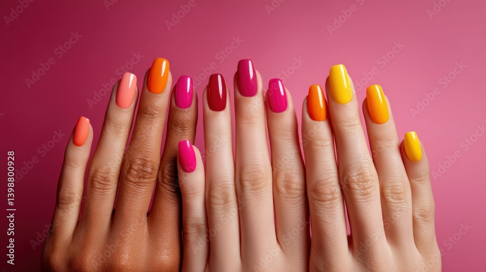 Hands with vibrant, colorful nails in diverse shades on a pink background.