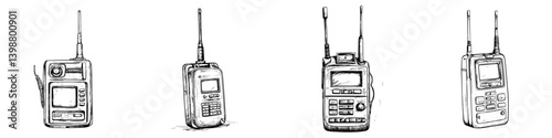 Various models of vintage mobile phones displayed on a flat surface with different features and antennas