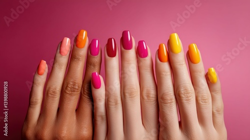 Obraz na płótnie Hands with vibrant, colorful nails in diverse shades on a pink background. w salonie