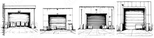 Four distinct warehouse loading docks showcasing different designs and configurations in an industrial area
