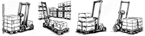 Various types of hand trucks and forklifts used for moving boxes in a warehouse setting