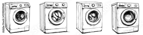 Illustration of different types of washing machines on a white background showcasing various designs and features