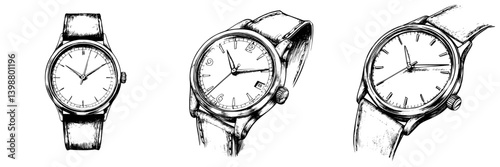 Classic wrist watches illustrated in detailed line art showcasing elegance and timeless design