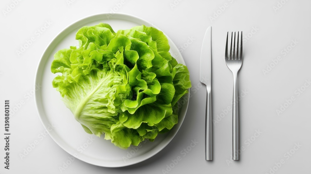 A crisp, green head of lettuce sits on a white plate with silverware beside. A crisp, green head of lettuce sits on a white plate with silverware beside.