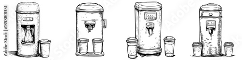 Various water dispensers and coffee machines in a busy office environment during daytime