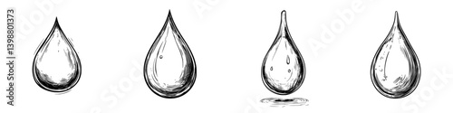 Water droplets in various stages of formation and movement showcasing fluid dynamics in a monochrome artistic style