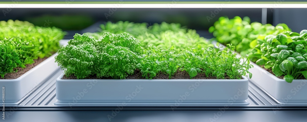 Fresh herbs in an indoor hydroponic garden captivating close-up in bright kitchen environment