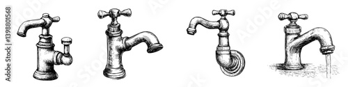Historical depiction of various vintage taps and faucets showcasing intricate designs and functionality