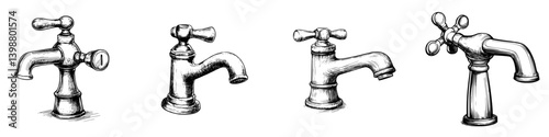Various vintage faucet designs showcasing different styles and mechanisms in a detailed artistic illustration