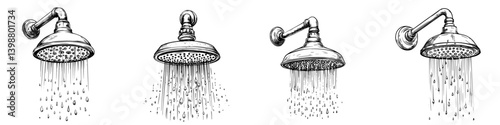 Different styles of shower heads showcasing various spray patterns and water flow