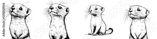 Cute and curious weasels exploring their environment in a sketch illustration
