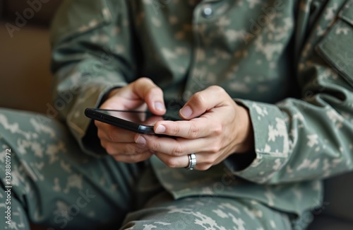 Soldier wearing military uniform uses smartphone for social communication. Person in camouflage attire interacts on phone. Army personnel hands with mobile device, wartime communication. Digital tech