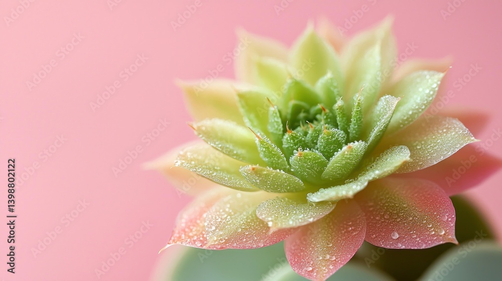 A small green flower with a pink center sits on a pink background