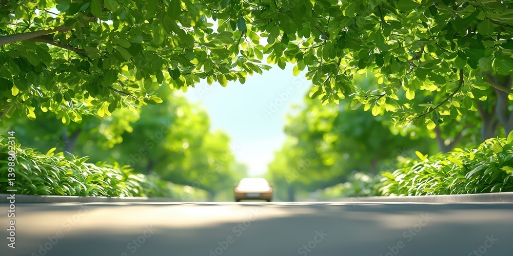 Driving through a lush tree-lined street serene nature environment peaceful landscape photography