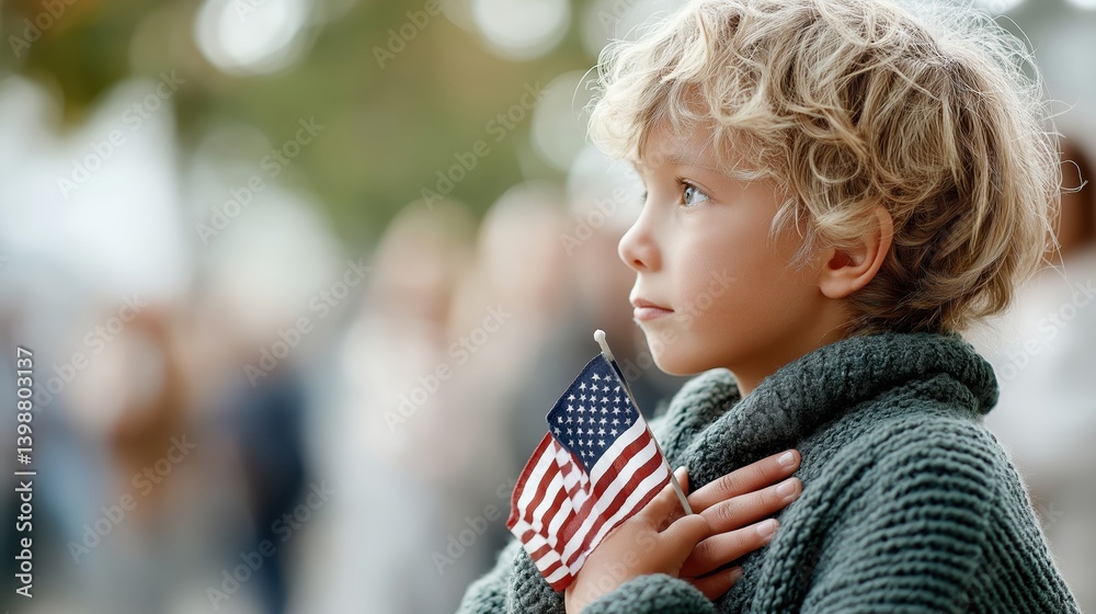 Little boy holding American flag in thoughtful pose outdoors